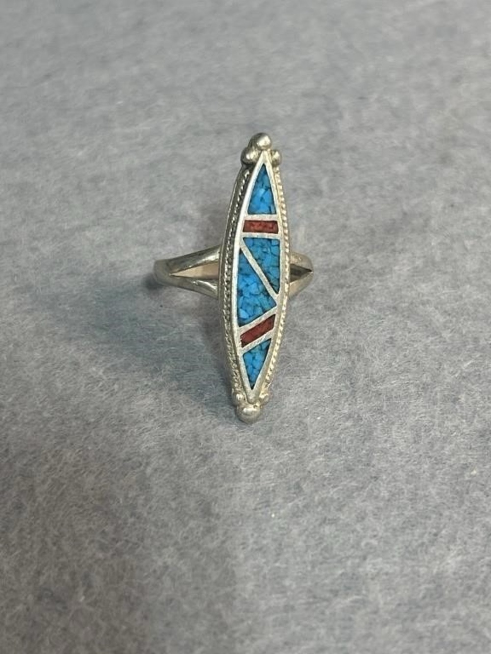 Vintage Sterling Silver Turquoise Coral Chip Inlay Ring Size 9.5